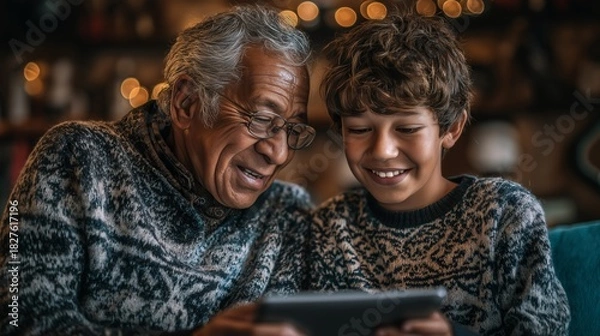 Fototapeta Grandfather and grandson sharing joy while using tablet, creating lasting memories together, a heartwarming moment of family connection and love