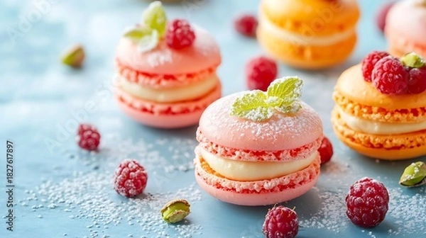 Fototapeta Pastel Macarons with Raspberries, Mint, and Powdered Sugar on Light Blue Surface