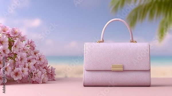 Obraz Pink Handbag on Pink Table with Flowers and Beach Background Summer Fashion