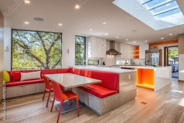 Obraz Modern open concept kitchen with red banquette dining and bright natural light