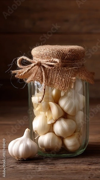 Fototapeta Preserved Garlic Cloves in Glass Jar with Burlap Lid on Wooden Surface