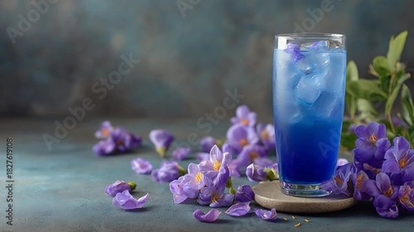Obraz Refreshing Blue Butterfly Pea Tea with Ice and Purple Freesia Flowers Adornment