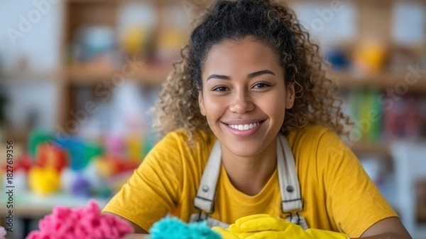 Fototapeta Dedicated childcare worker tidies up toys after a busy day, creating a safe and organized space for children to learn and play with love