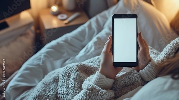 Obraz Cozy Evening in Bed with a Smartphone and Soft Blankets, Ideal for Relaxation and Leisure Activities