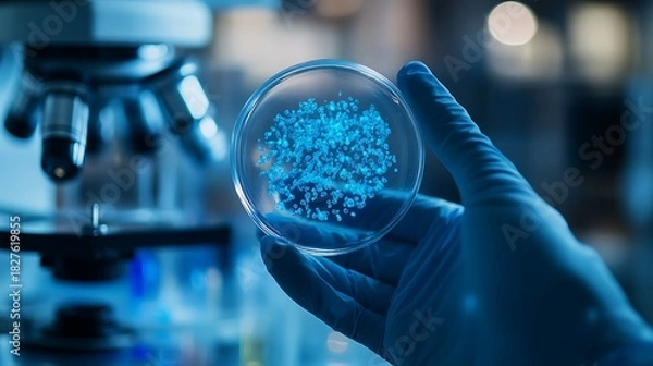 Obraz Close-up of a scientist's hand holding a petri dish with glowing blue bacteria under a microscope in a lab environment