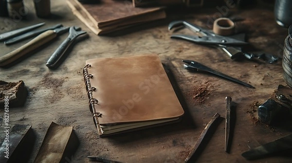 Obraz Rustic workspace featuring leather-bound notebook surrounded by various woodworking tools and materials