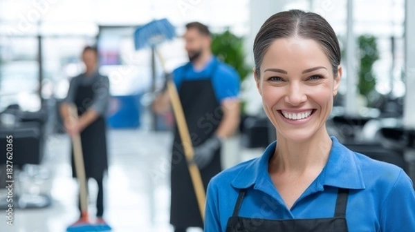 Fototapeta Professional cleaning crew ready to tackle any mess, smiling woman leads the way with confidence, perfect for showcasing hygiene and service excellence