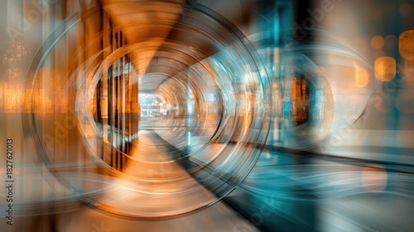 Obraz Abstract Digital Art of Interconnected Geometric Cityscape Towers Gleaming with Chrome and Orange Light Blending into Teal Futuristic Background