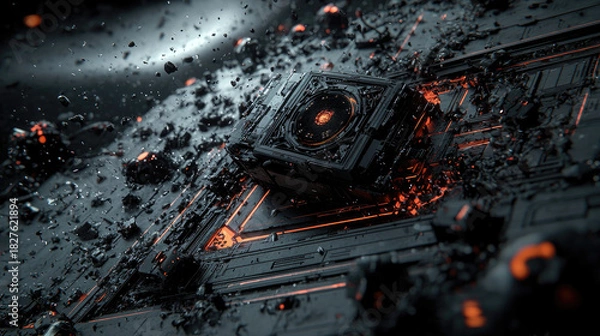 Obraz Abstract Futuristic Digital Art With Geometric Shapes And Glowing Orange Lights Forming A Complex Structure With Debris Flying In A Dark Environment