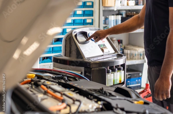 Fototapeta Technician setting up an air conditioning (AC) recharge machine in a workshop. Professional maintenance of the car cooling system.