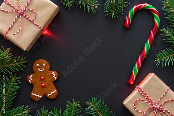 Obraz Festive Christmas flat lay with beautifully wrapped gift boxes, fir tree branches, a gingerbread man cookie, and a candy cane on a dark background, perfect for holiday greetings and seasonal design