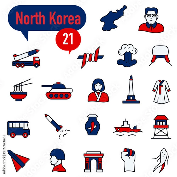 Fototapeta A set of icons in blue and red colors dedicated to life in North Korea.