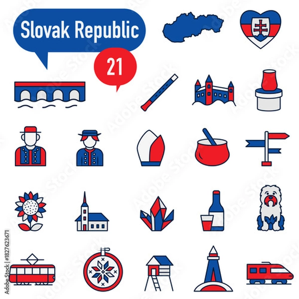 Fototapeta A set of flat colored icons with outlines dedicated to life in the Slovak Republic.