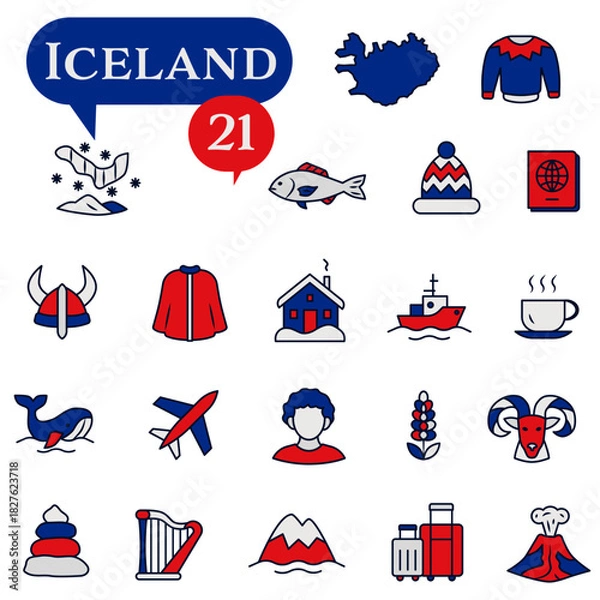 Fototapeta National icons with outlines Iceland about culture, architecture, and traditions.