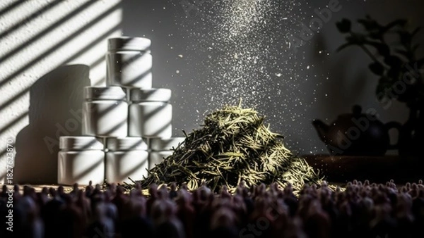 Obraz A dramatic still life featuring a pile of dried herbs and spices with stacked white jars and striped shadows