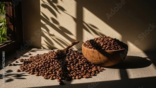 Obraz Warm sunlight streams across a rustic wooden surface illuminating a pile of roasted coffee beans spilling from a textured bowl
