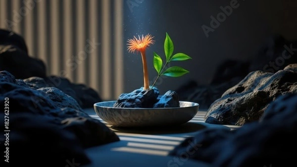 Obraz A single glowing orange flower emerges from dark soil in a shallow bowl surrounded by rough dark rocks and soft light