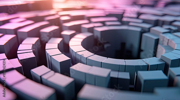 Obraz Abstract Geometric Labyrinth with Concentric Rings Radiating Outward Under Soft Warm Sunset Lighting Creating a Sense of Depth and Mystery