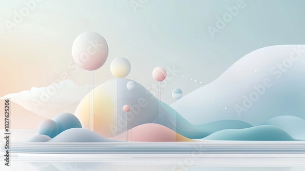Obraz Abstract landscape with pastel geometric shapes and soft spherical forms in a serene minimalist composition featuring gentle color gradients and a clean aesthetic.