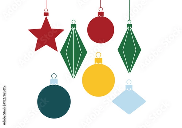 Fototapeta A collection of seven brightly colored solidfill Christmas ornaments hanging against a white background