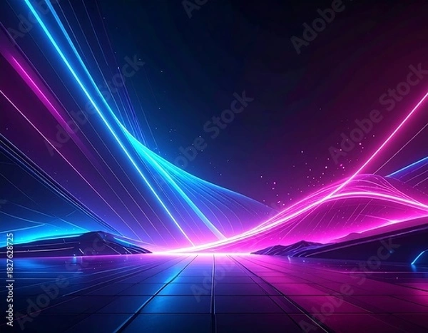 Fototapeta Neon abstract scene with bright glowing lines and a reflective surface