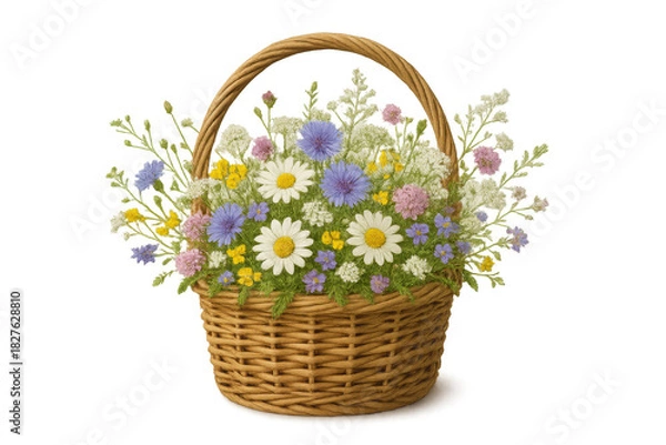 Fototapeta Wicker basket overflowing with colorful wild spring flowers, daisies, cornflowers, and small blossoms, transparent background
