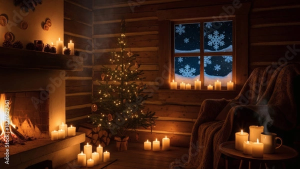 Fototapeta Rustic log cabin interior with a cozy fireplace, sparkling Christmas tree, and soft candlelight, creating a tranquil winter holiday atmosphere