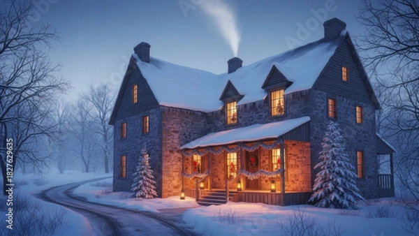 Fototapeta A charming stone house nestled in a serene winter landscape, adorned with festive holiday lights and wreaths, creating a warm, inviting glow under a twilight sky