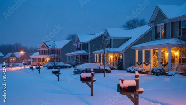 Fototapeta Snow-covered suburban street at dusk, warm lights glowing from homes, creating a serene winter evening scene in a quiet neighborhood