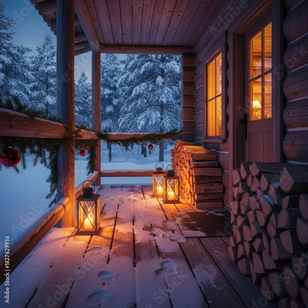 Fototapeta Cozy log cabin porch in a snowy winter landscape, illuminated by warm lanterns and festive decorations, offering a serene escape