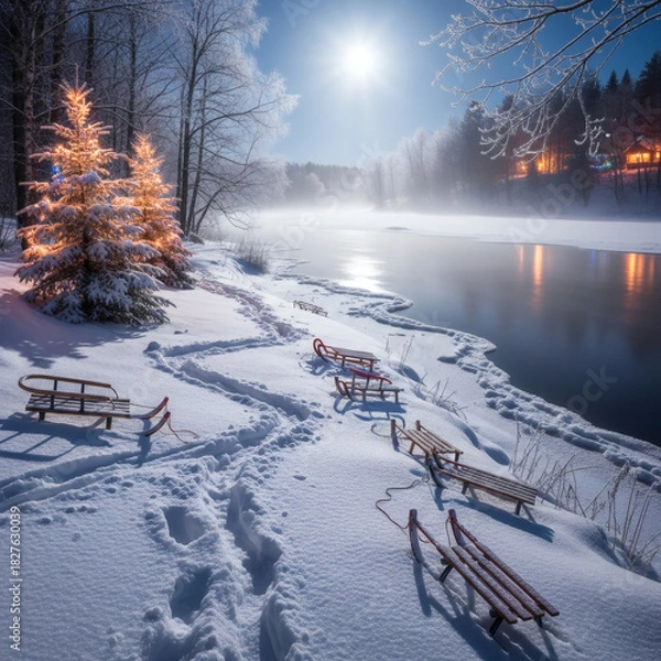 Fototapeta Enchanting winter night by a misty river, bathed in moonlight, a glowing festive tree, and traditional sleds resting on fresh snow