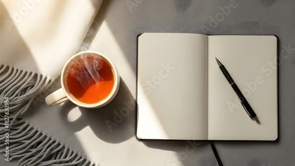 Fototapeta Overhead View of an Open Blank Notebook and Pen Next to a Steaming Mug of Hot Tea or Coffee on a Grey Blanket, Representing Work From Home, Planning, and Cozy Study