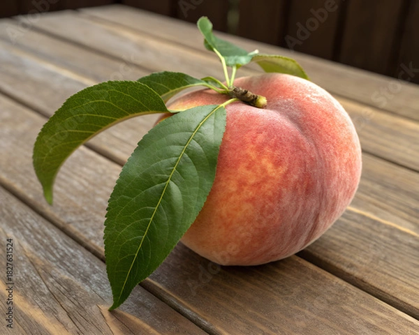 Obraz Fresh ripe peach with a green leaf