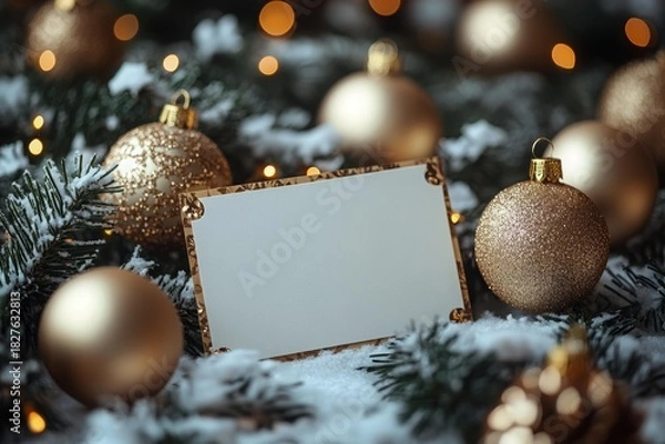 Fototapeta Blank retro card placed between evergreen Christmas branches and golden ornaments creating vintage festive layout with warm holiday atmosphere