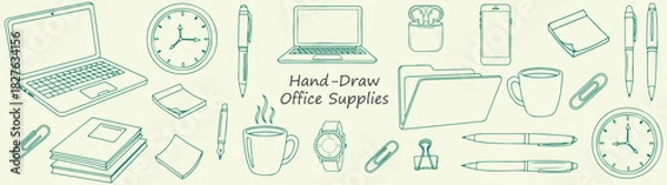 Fototapeta Hand drawn Office Supplies Laptop Clock Pens Cup Stationery Notes Folders Phone Watch Workspace Desk Business Study Work