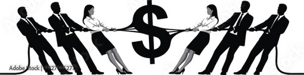 Fototapeta Business team pulling rope in financial tug of war, competition over money, struggle for profit, corporate conflict illustration with dollar symbol