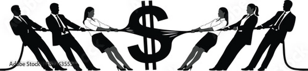 Fototapeta Business people pulling rope in financial tug of war, competing for money, corporate profit struggle, teamwork tension illustration with large dollar symbol