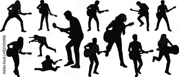 Fototapeta Dynamic guitarist silhouettes showcasing energetic music performance poses, rock inspiration, concert motion, artistic expression, and creative stage action ideal for music-related designs