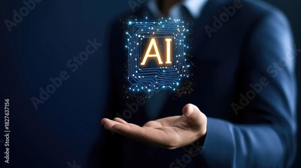 Fototapeta A businessman in a suit holds a glowing AI symbol in his hand, symbolizing the concepts of artificial intelligence, technology, and the future of innovation in business and society.