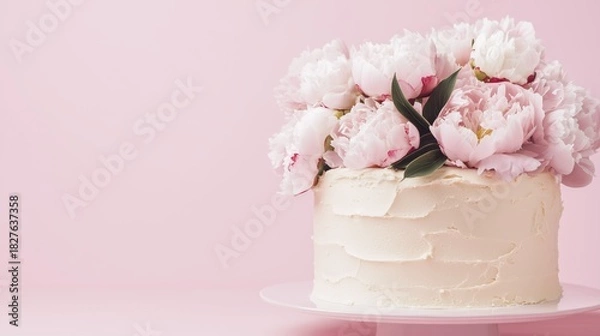 Fototapeta Elegant Cake Decorated with Beautiful Pink and White Flowers on Soft Background