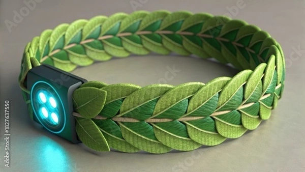 Obraz A wearable technology bracelet adorned with green leaves and a glowing light