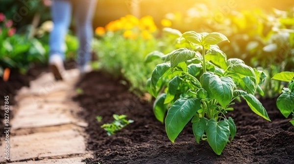 Obraz A calm and vibrant vegetable garden with a walking pathway, surrounded by healthy plants and warm sunlight, evoking a sense of growth and tranquility in nature.