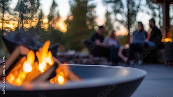 Fototapeta Friends enjoying an evening outdoors with a central fire pit surrounded by nature.