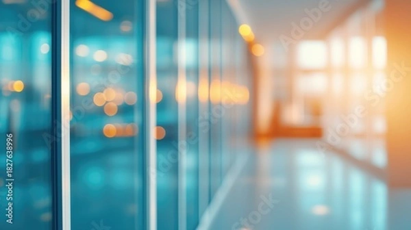 Fototapeta Beautiful blurred background of a light modern office interior with panoramic windows and beautiful lighting