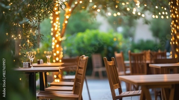 Fototapeta empty outdoor restaurant or cafe with wooden tables and chairs and green plants