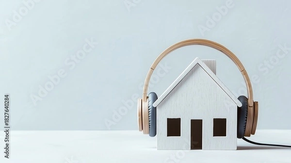 Obraz Wooden House Model with Headphones in Minimalist Studio Environment, soundproofing home concept