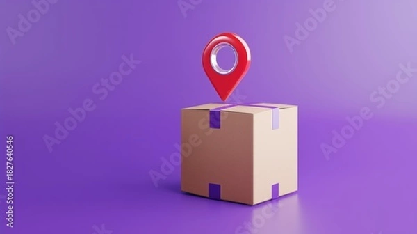 Fototapeta Cardboard Box with Location Marker Against Purple Background Symbolizing Delivery Services