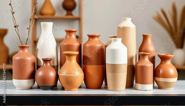 Obraz Modern Terracotta Vases on Minimal Shelf in Warm Light