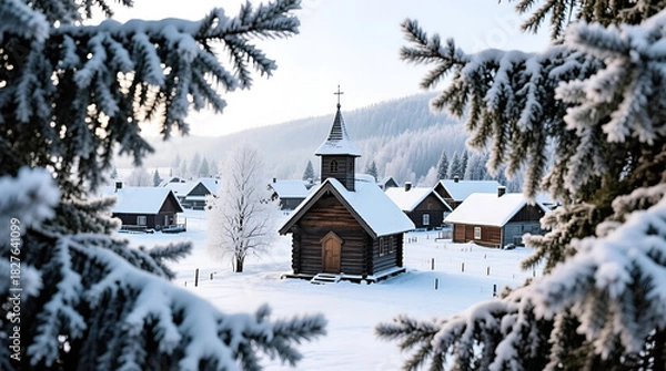 Fototapeta Charming snow-covered village with a wooden church surrounded by frosted trees
