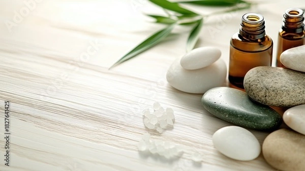 Fototapeta Relaxing spa layout featuring essential oil bottles, smooth stones, and green leaves for wellness and zen.